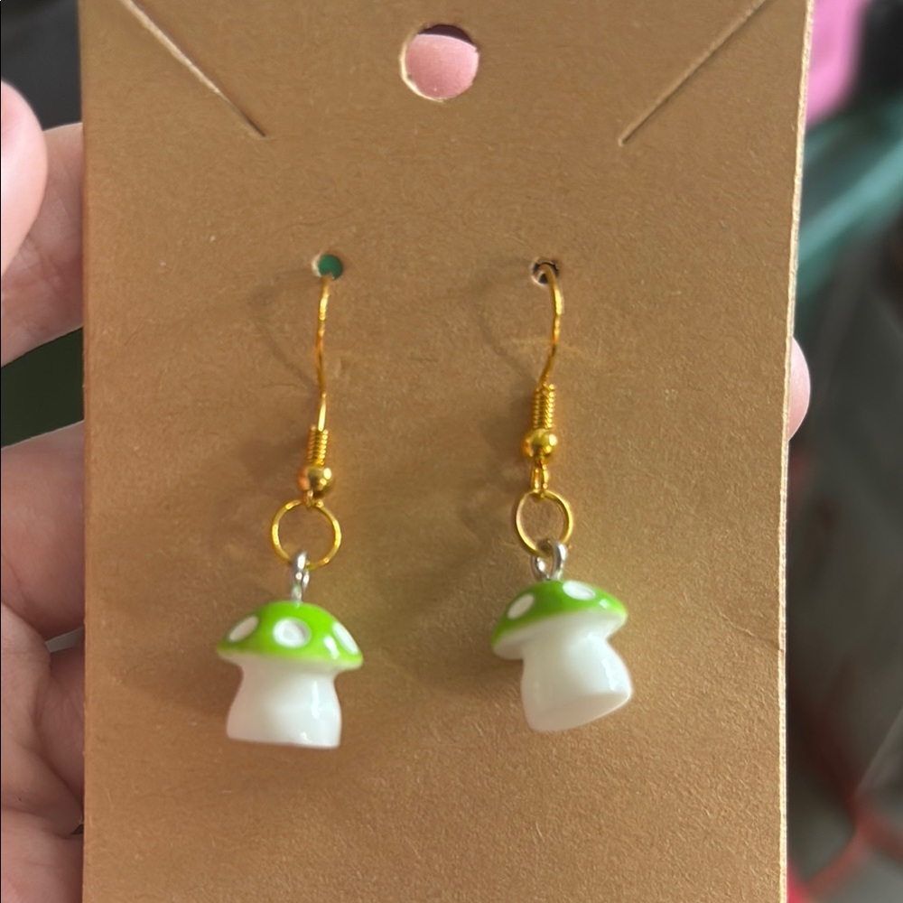 Green and White Mushroom Earrings